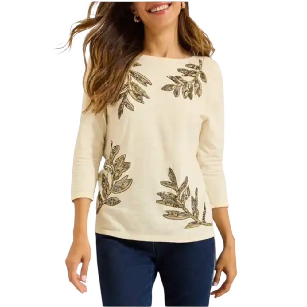 Tommy Bahama Shirt Women Small Ivory Cotton Sequins Floral‎ Tee Coastal Preppy
